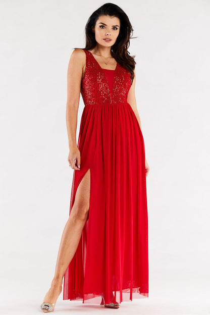 Stunning red evening dress with sequins and an alluring open back design; perfect for making a statement at upscale events.