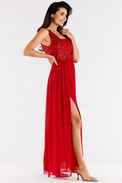 Elegant long red dress by Awama featuring a glamorous open back design adorned with sequins and delicate mesh details, perfect for formal occasions.