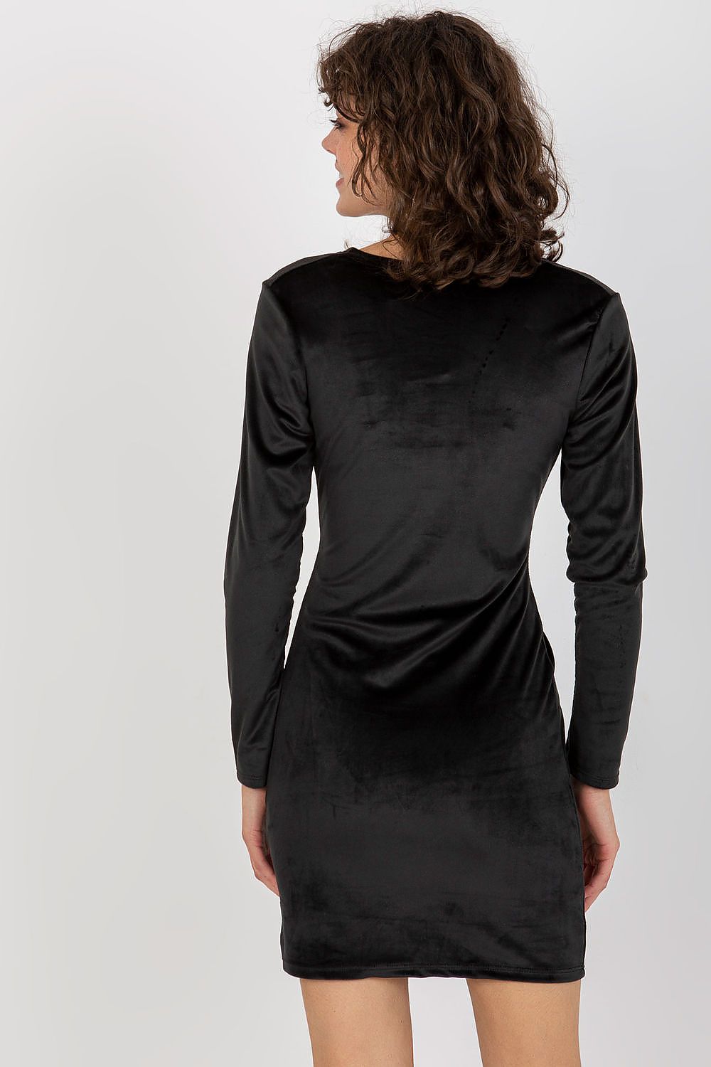 Back view of a luxurious black velour evening dress featuring long sleeves, highlighting its elegant and minimalist design.
