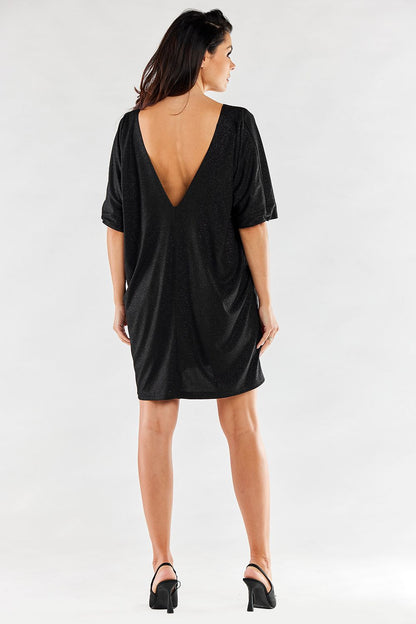 Back view of a stunning black loose evening dress featuring a deep V-neck and stylish short sleeves, perfect for evening wear.