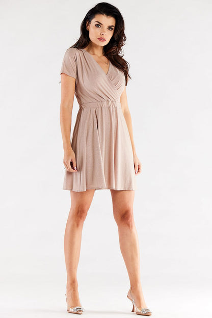 Chic full-body view of the short flared evening dress by Awama, highlighting its stylish envelope top and graceful skirt, ideal for formal events.