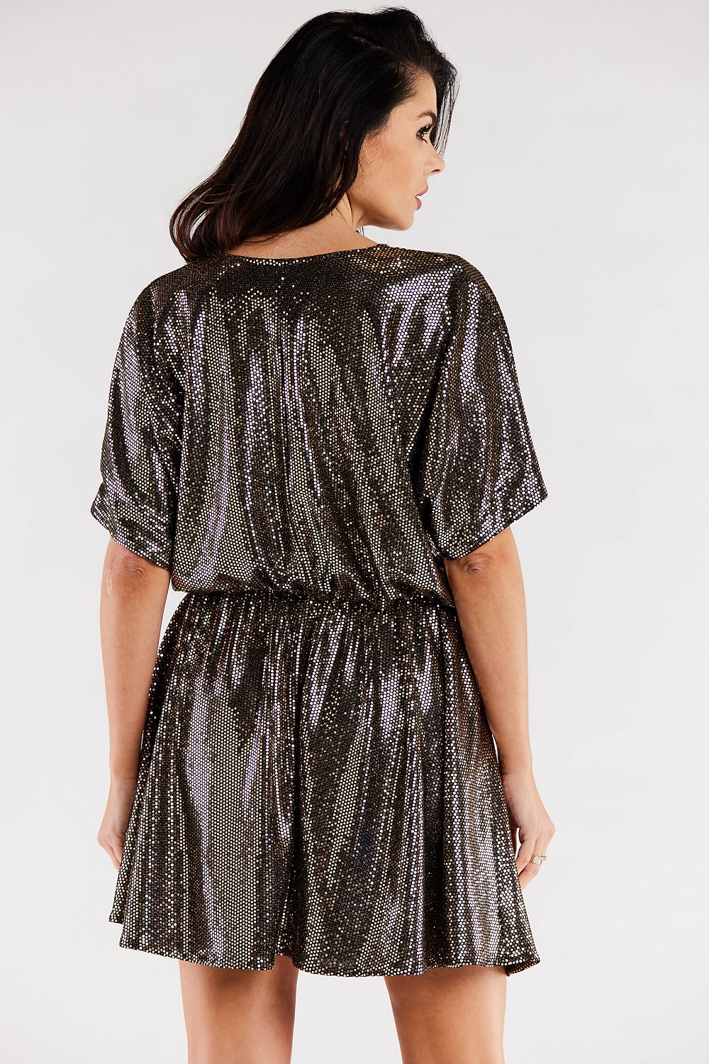 Fashionable flared evening dress in luxurious bronze, highlighting a V-neckline and an elasticated waist for a comfortable yet elegant look.