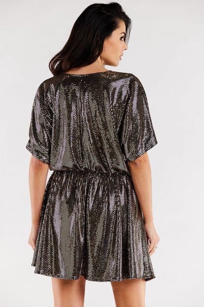 Fashionable flared evening dress in luxurious bronze, highlighting a V-neckline and an elasticated waist for a comfortable yet elegant look.