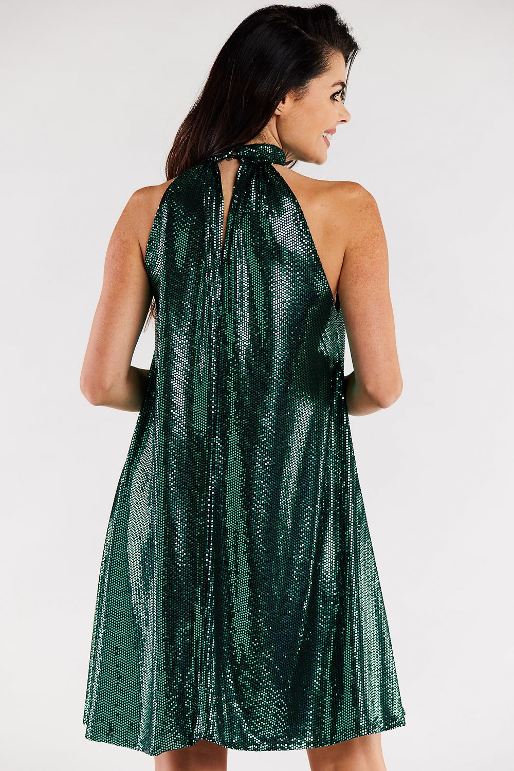 Elegant loose flared evening dress in shimmering green with a ruffle neckline, showcased from the back, perfect for upscale occasions.