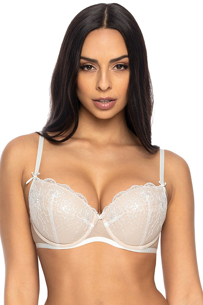 Luxury push-up bra featuring intricate lace detailing and adjustable straps, designed for comfort and style in a soft beige colour.
