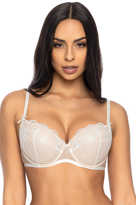 Luxury push-up bra featuring intricate lace detailing and adjustable straps, designed for comfort and style in a soft beige colour.