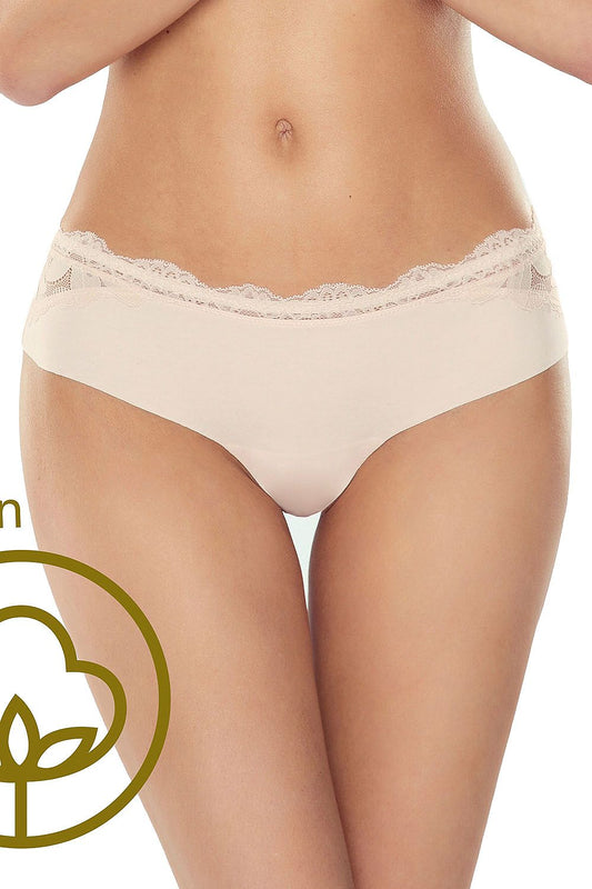 Lapinee feminine lace and cotton panties featuring smooth cotton front and delicate floral lace back design, showcasing sensual contours with laser-cut legs.