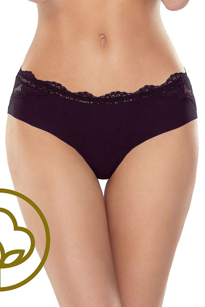 Elegant black lace and cotton panties showcasing a sensual design with delicate laser-cut edges. Perfectly accentuates curves for a luxurious feel.