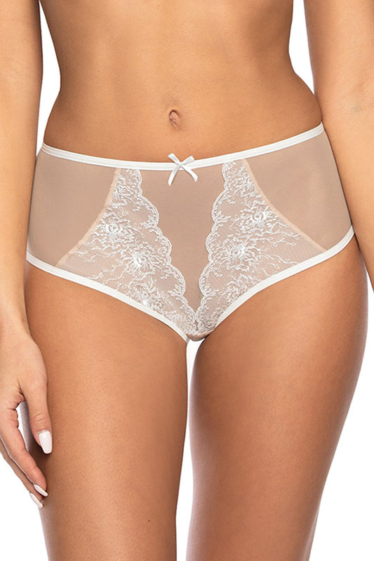 Elegant beige high cut women's panties featuring an intricate embroidered mesh design, perfect for a luxurious lingerie collection.