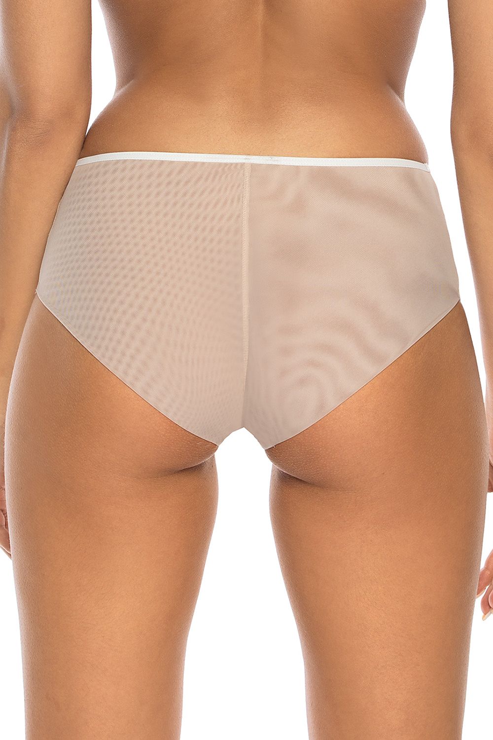 Sophisticated view of the back of beige high cut women's panties, designed with a smooth mesh finish, complementing any luxury lingerie ensemble.