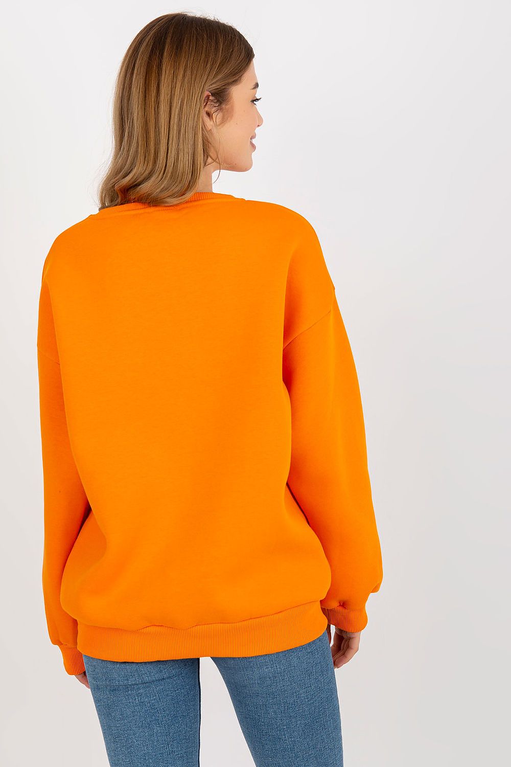 Chic back view of a vibrant orange long sleeve sweatshirt, featuring a comfortable design that blends style and sophistication.