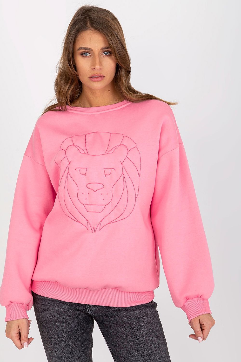 Stylish front view of a pink embroidered sweatshirt with a lion motif, crafted from a soft cotton blend for a luxurious feel.