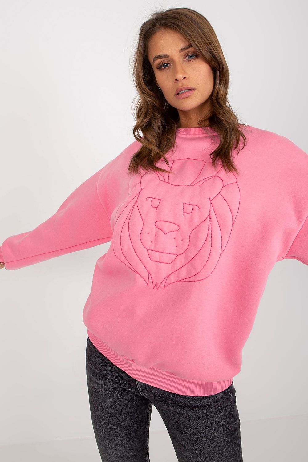 Modern front view of a pink lion embroidered sweatshirt, highlighting a loose, comfortable silhouette ideal for high-end casual wear.