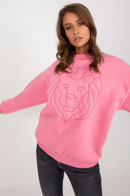 Modern front view of a pink lion embroidered sweatshirt, highlighting a loose, comfortable silhouette ideal for high-end casual wear.