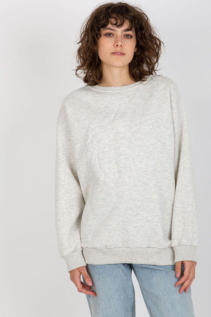 Stylish light grey sweatshirt featuring delicate embroidered detail, designed for a comfortable fit, ideal for sophisticated casual outings.