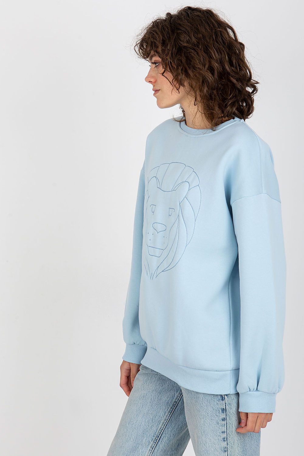 Elegant ladies' long sleeve cotton-blend sweatshirt in soft blue, featuring intricate lion embroidery on the front. Perfect for a chic casual look.