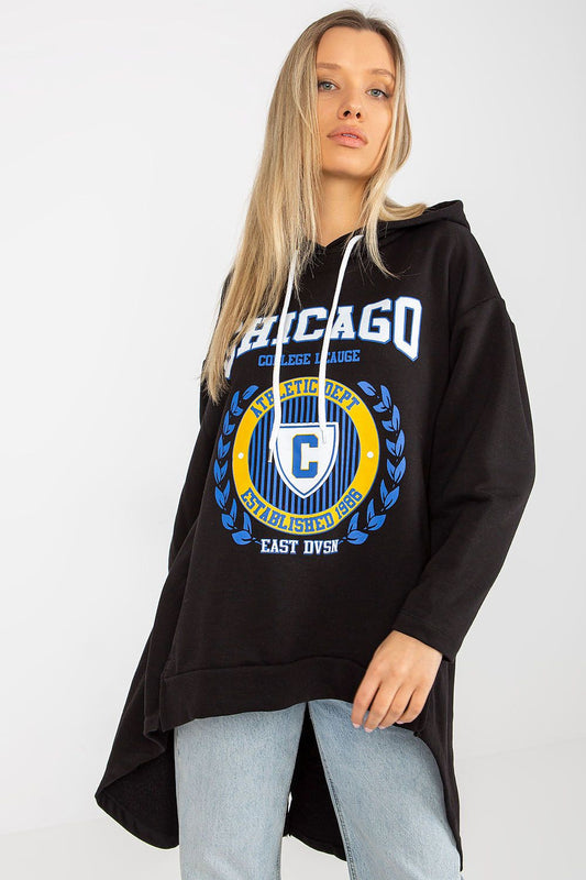 Luxury women's asymmetrical hoodie sweatshirt in black, featuring a stylish design with a blue and white Chicago graphic on the front, paired with soft cotton and spandex blend fabric.