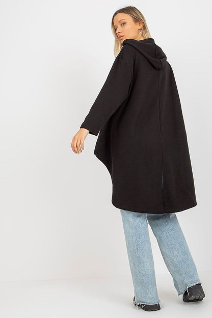 Chic women's hoodie sweatshirt designed with an asymmetrical hem, displayed from the back to highlight its fashion-forward silhouette and cozy design, perfect for casual luxury.