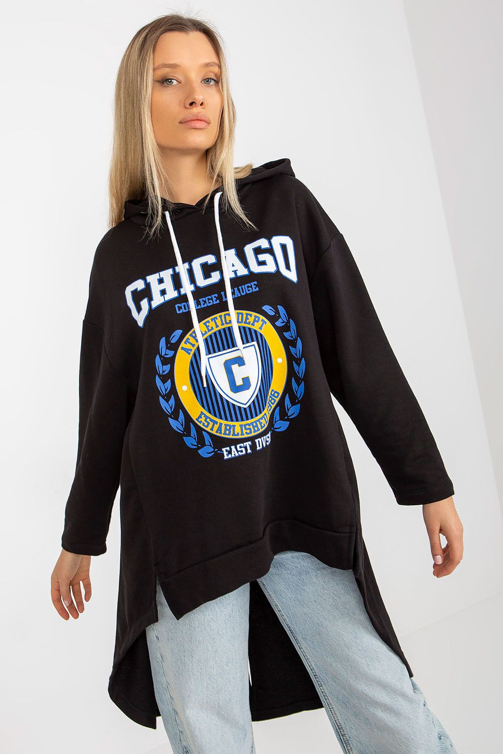 Luxury women's black asymmetrical hoodie sweatshirt featuring a stylish oversized fit with a graphic design reading 'Chicago College League', crafted from a soft cotton and spandex blend for ultimate comfort.