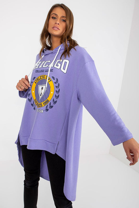 Elegant women's asymmetrical hooded sweatshirt in lavender, features a stylish college logo design, perfect for a luxurious casual look.