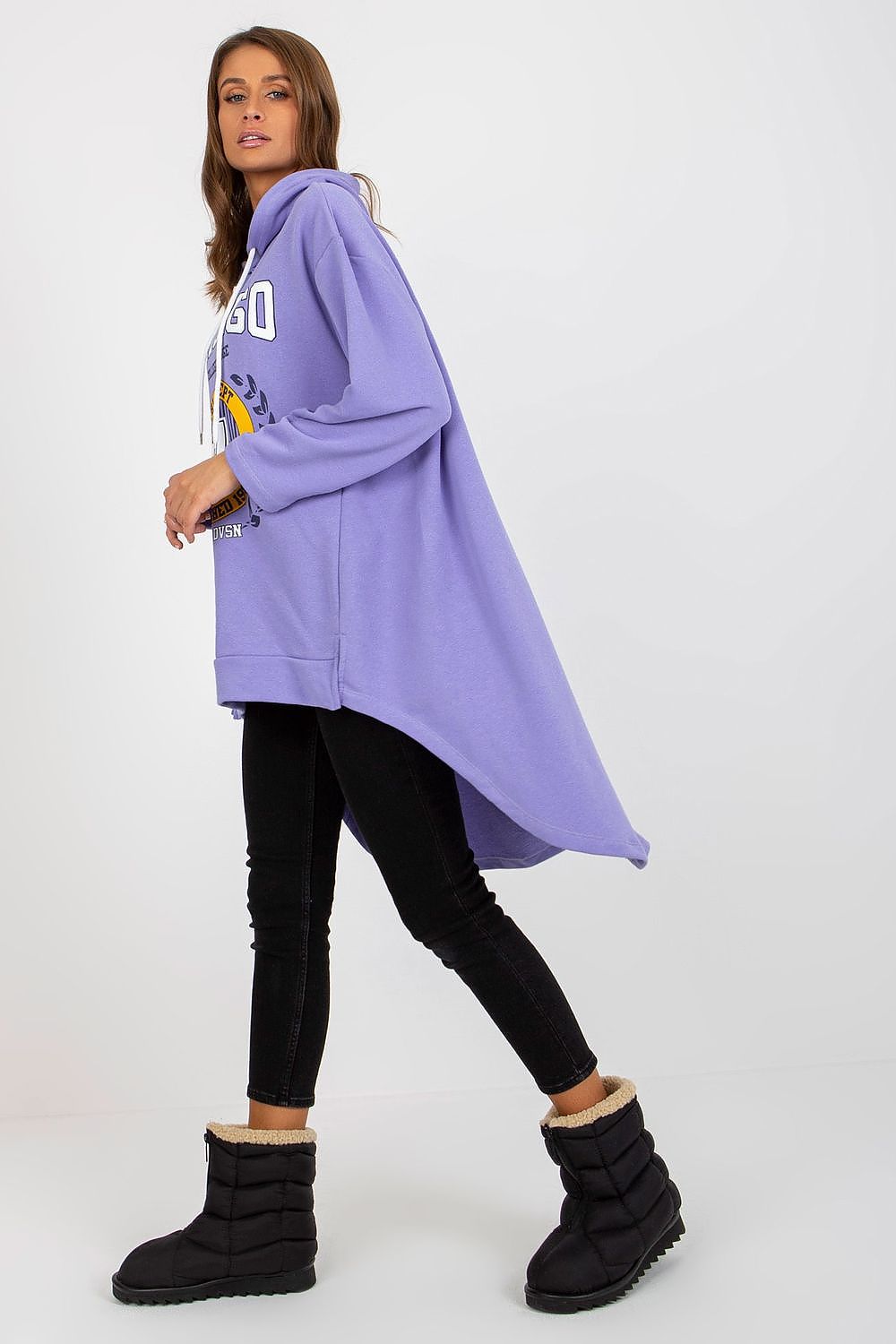Chic lavender women's sweatshirt with an asymmetrical cut, shown in a stylish pose, ideal for elevating casual attire with luxury comfort.