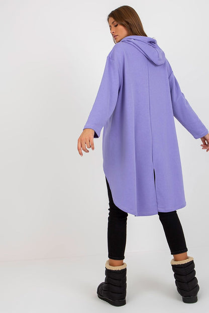 Sophisticated view of a lavender asymmetrical hooded sweatshirt for women, showcasing the stylish back design, blending fashion with comfort.