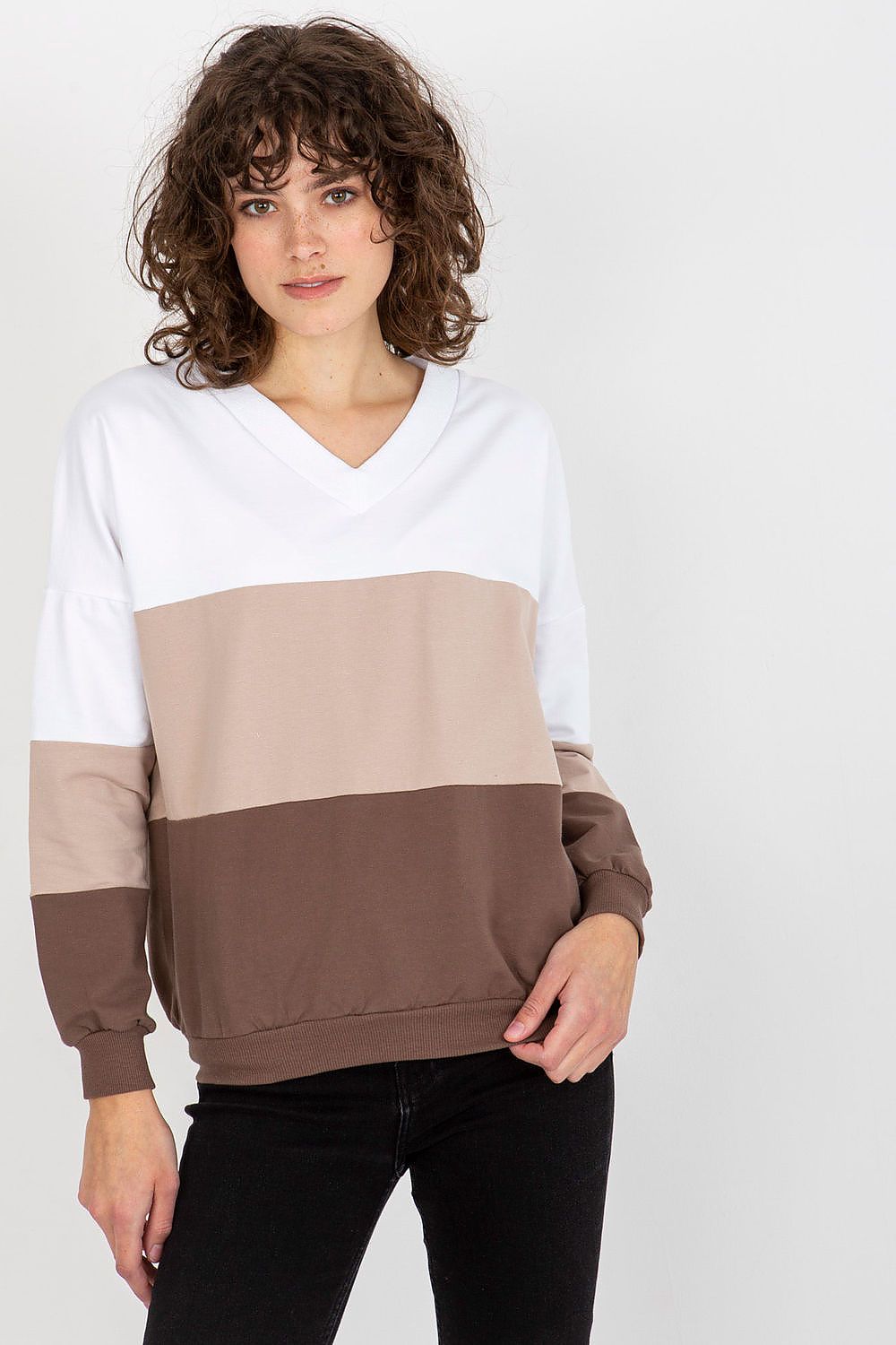 Luxurious women's Rue Paris sweatshirt featuring a stylish tri-colour design with a heart neckline, perfect for chic everyday wear.
