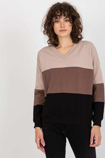Stylish women's Rue Paris sweatshirt in a trendy tri-colour palette with heart neckline, perfect for upscale casual wear.