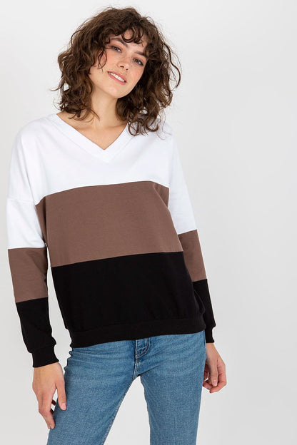 Chic Rue Paris women's sweatshirt with a heart neckline in a modern tri-colour scheme of white, brown, and black, ideal for elevating everyday wear.
