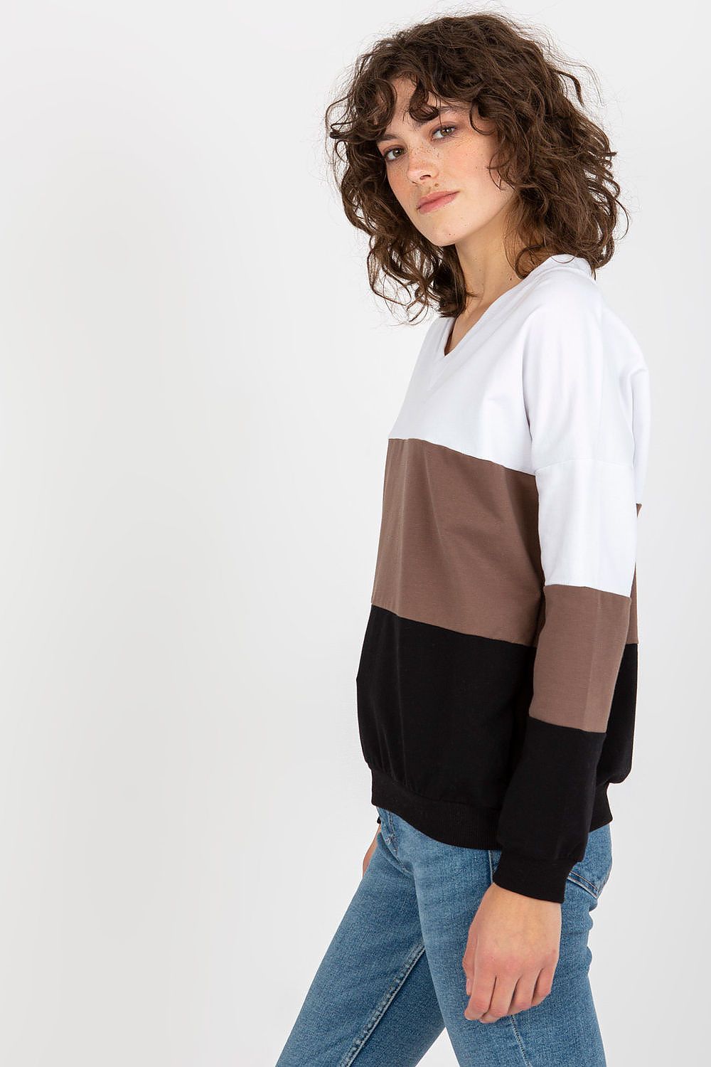 Stylish women’s Rue Paris sweatshirt, designed with a flattering v-neckline and contemporary tri-colour pattern of brown, white, and black, perfect for luxe casual styling.
