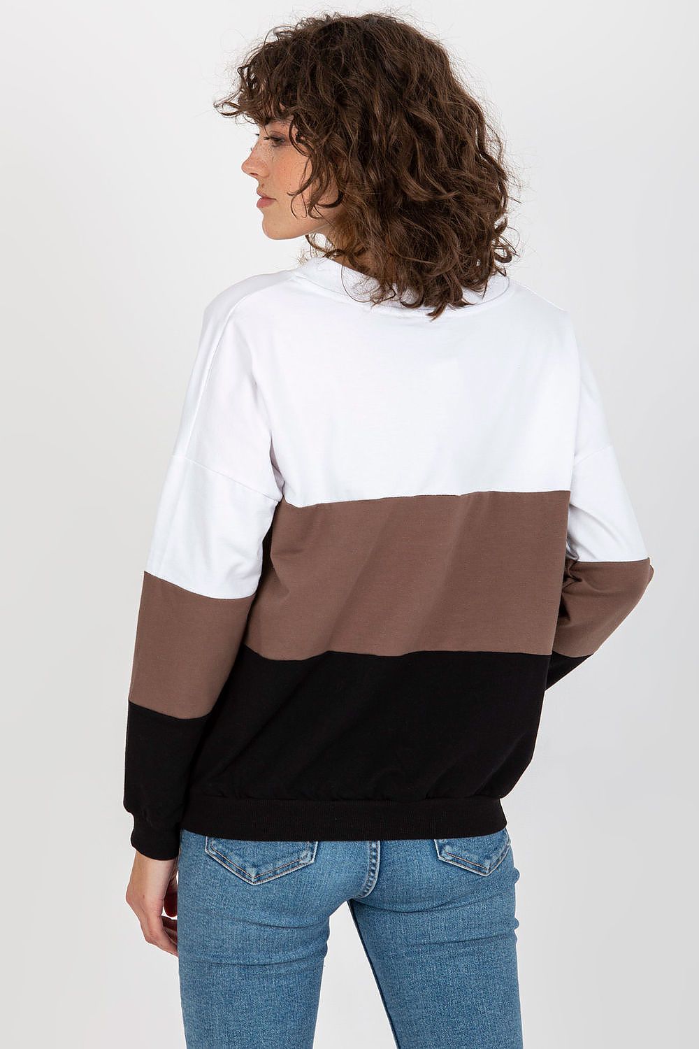 Fashionable women's Rue Paris sweatshirt featuring a sophisticated v-neck and a visually appealing tri-colour palette in shades of brown, black, and white for a trendy look.