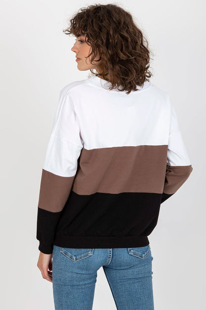 Fashionable women's Rue Paris sweatshirt featuring a sophisticated v-neck and a visually appealing tri-colour palette in shades of brown, black, and white for a trendy look.