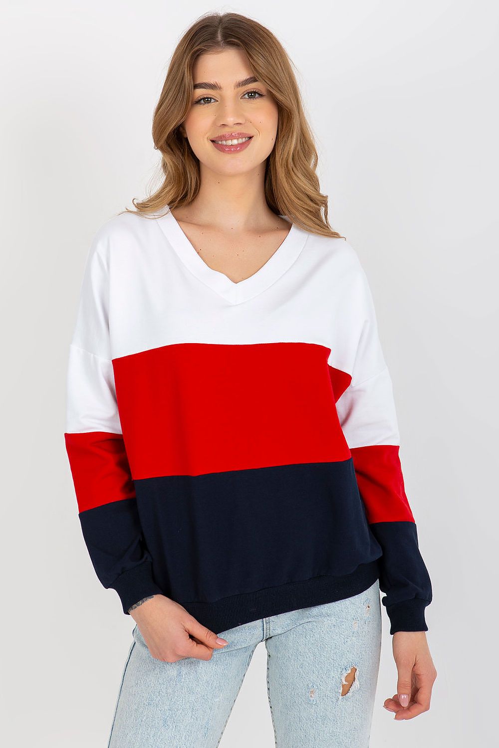 Classic women's Rue Paris sweatshirt presented in a vibrant tri-colour design combining white, red, and navy, perfect for a fashion-forward ensemble.