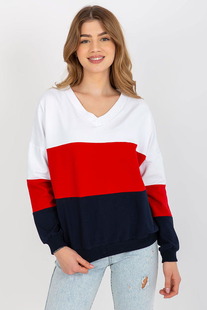 Classic women's Rue Paris sweatshirt presented in a vibrant tri-colour design combining white, red, and navy, perfect for a fashion-forward ensemble.