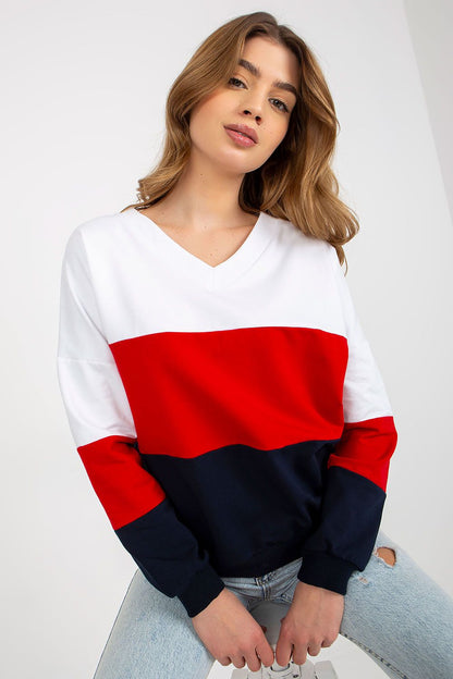 Luxurious women's Rue Paris sweatshirt featuring a fashionable heart neckline, showcased in a stylish tri-colour design of red, white, and navy, ideal for casual elegance.