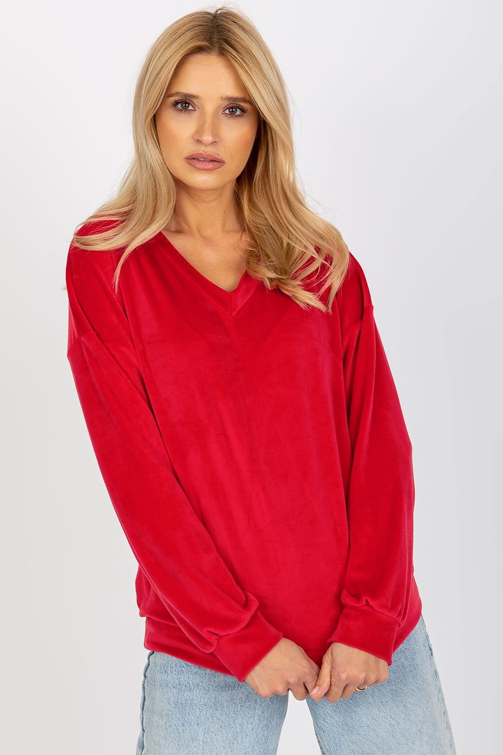 Luxurious red velour women's sweatshirt featuring a heart neckline and long sleeves, ideal for stylish everyday wear.