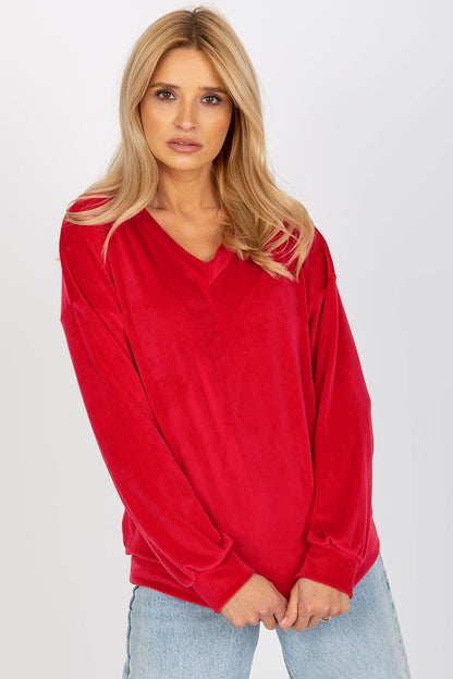 Luxurious red velour women's sweatshirt featuring a heart neckline and long sleeves, ideal for stylish everyday wear.