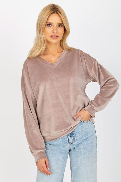 Chic women's velour sweatshirt in taupe, featuring a stylish V-neckline and relaxed fit, perfect for luxurious everyday wear.