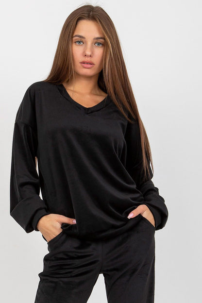 Elegantly styled women's black velour sweatshirt featuring a heart neckline, perfect for chic everyday wear.