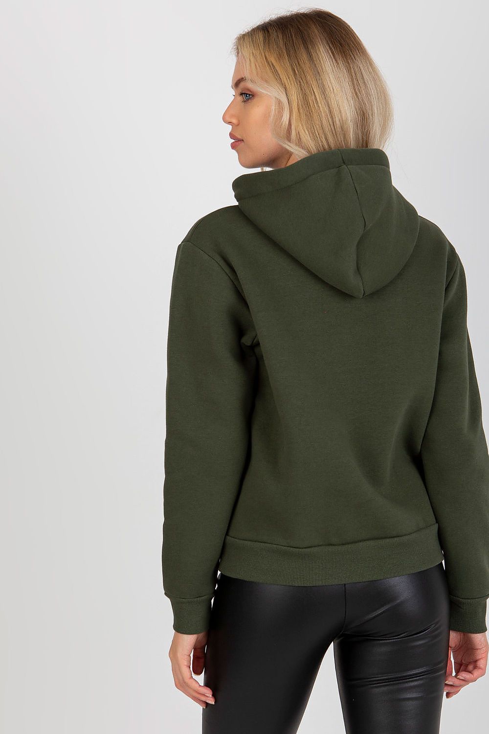 Back view of a chic dark green women's hooded sweatshirt, showcasing a stylish hood and ribbed cuffs, ideal for sophisticated comfort.