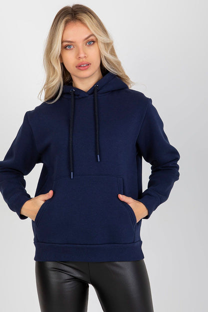 Luxury women's hooded sweatshirt in navy blue, designed with a kangaroo pocket, exuding style and comfort for a fashionable look.