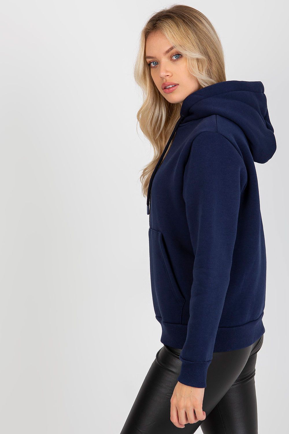 Side view of a stylish navy blue women's hooded sweatshirt, highlighting its contemporary design and premium fabric, perfect for upscale casual outings.