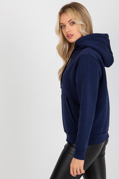 Side view of a stylish navy blue women's hooded sweatshirt, highlighting its contemporary design and premium fabric, perfect for upscale casual outings.