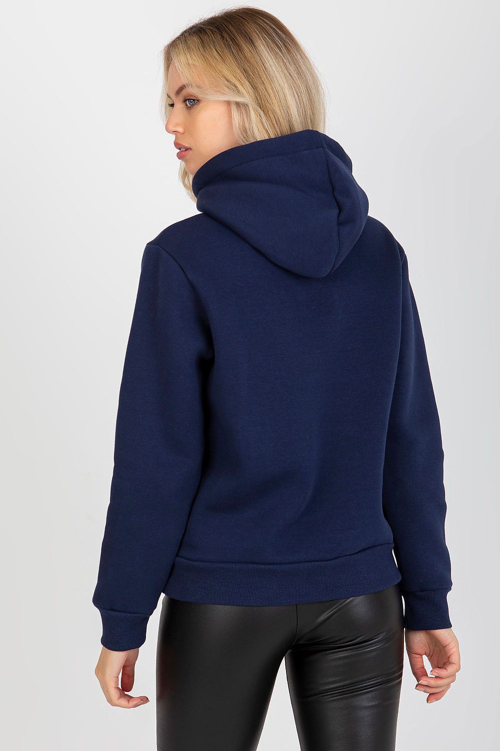 Chic back view of a navy blue women's hooded sweatshirt, featuring a refined hood and tailored fit, ideal for an elegant everyday ensemble.