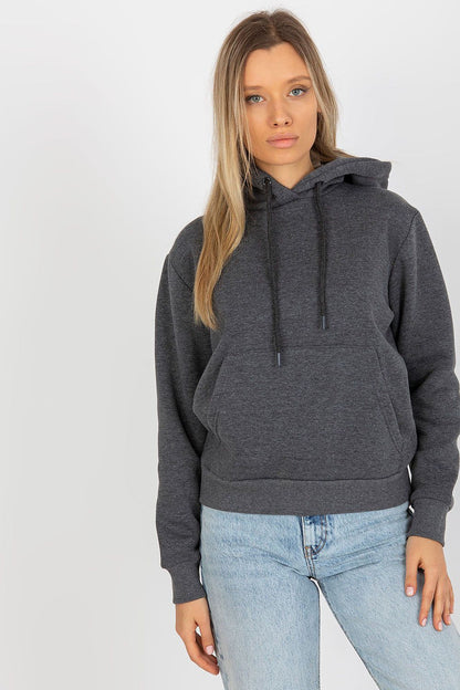 Luxury women's hooded sweatshirt by Rue Paris, featuring a kangaroo pocket, elegantly styled with jeans.