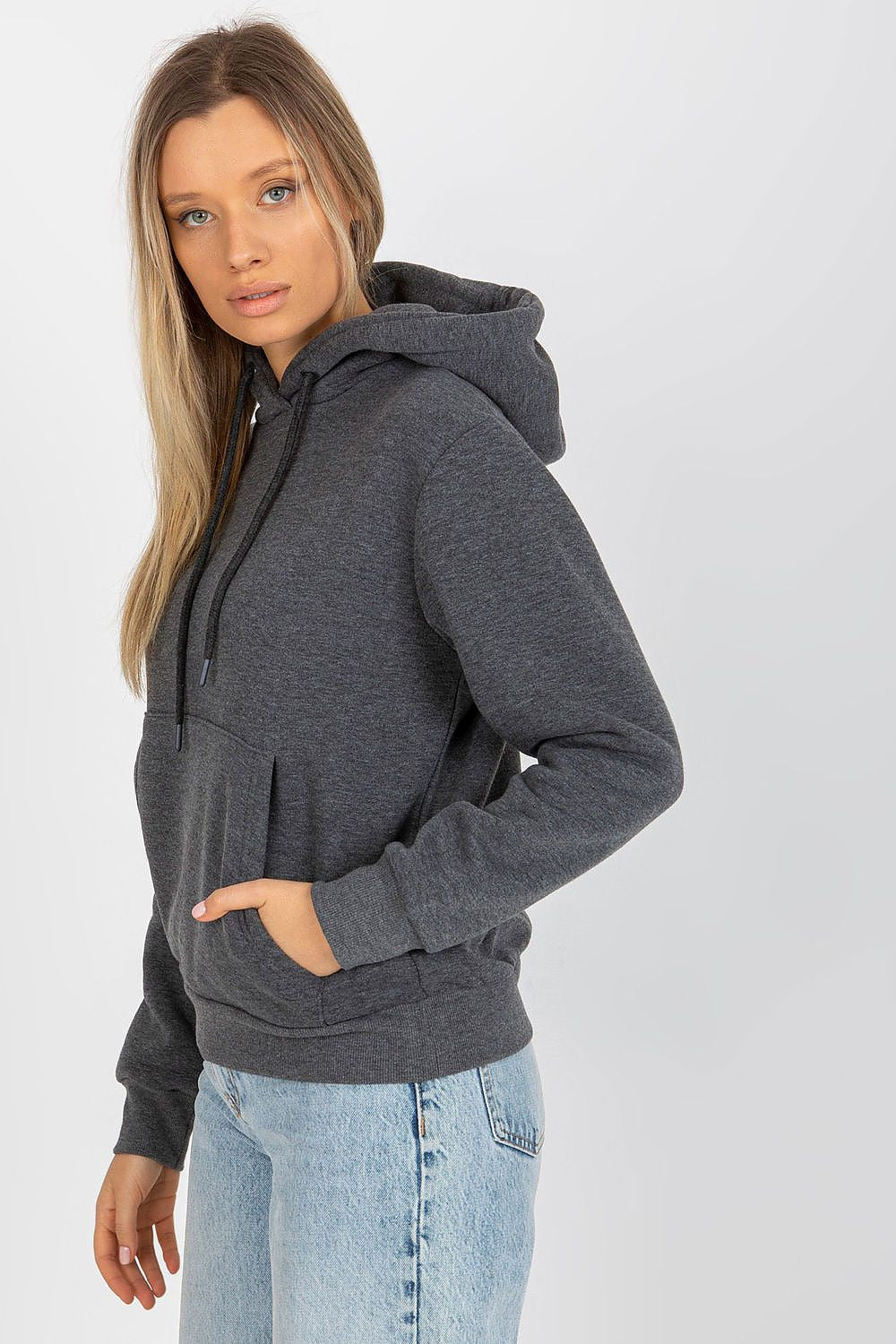 Chic side view of a luxury women's hooded sweatshirt by Rue Paris, designed with a functional kangaroo pocket.