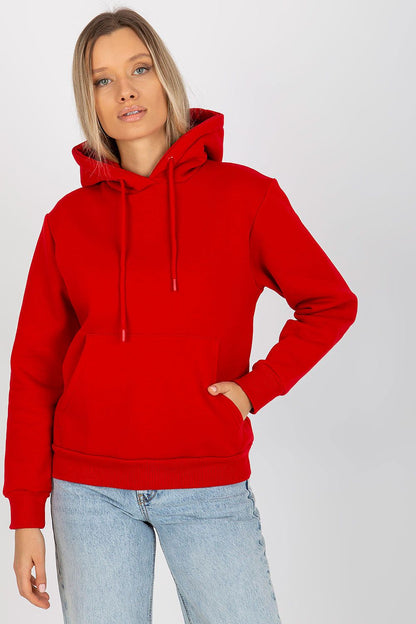 Vibrant red luxury women's hooded sweatshirt by Rue Paris, elegantly worn with jeans, perfect for casual luxury.