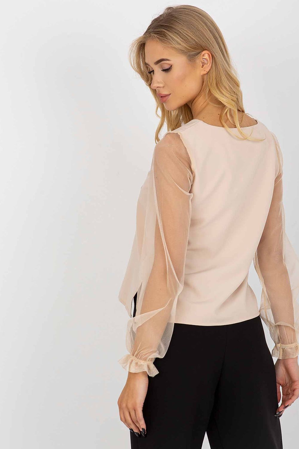 Back view of the elegant Lakerta blouse with flowing mesh sleeves, highlighting the luxurious fabric and sophisticated design, ideal for stylish outings.