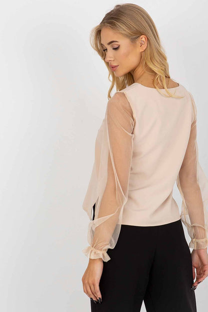 Back view of the elegant Lakerta blouse with flowing mesh sleeves, highlighting the luxurious fabric and sophisticated design, ideal for stylish outings.