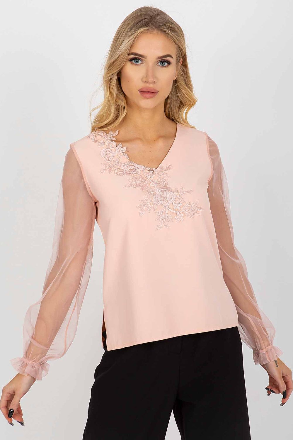 Chic and sophisticated blouse in soft pink, designed with stylish long mesh sleeves and a beautifully embroidered neckline, perfect for elegant occasions.